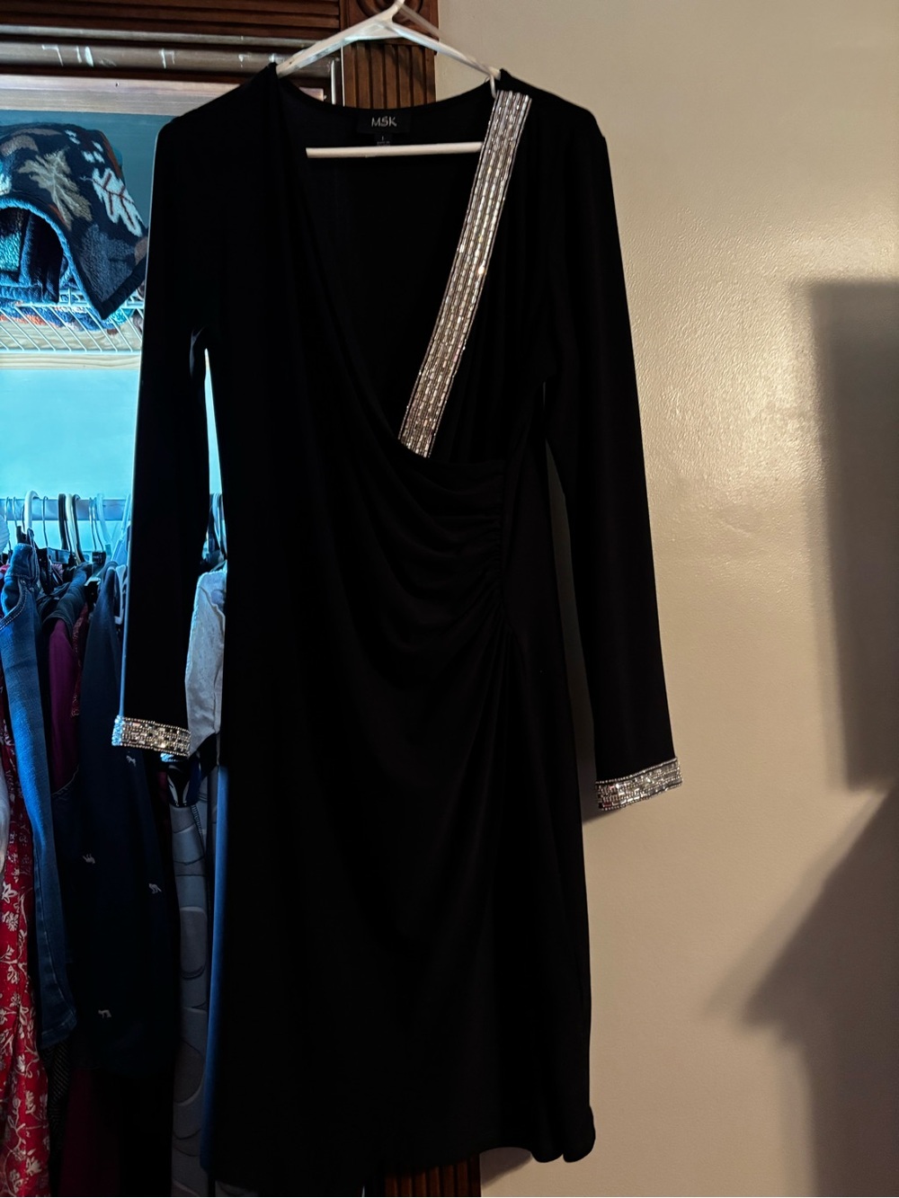 MSK Black Long Sleeve V-Neck Cocktail Dress with Silver Trim Size L